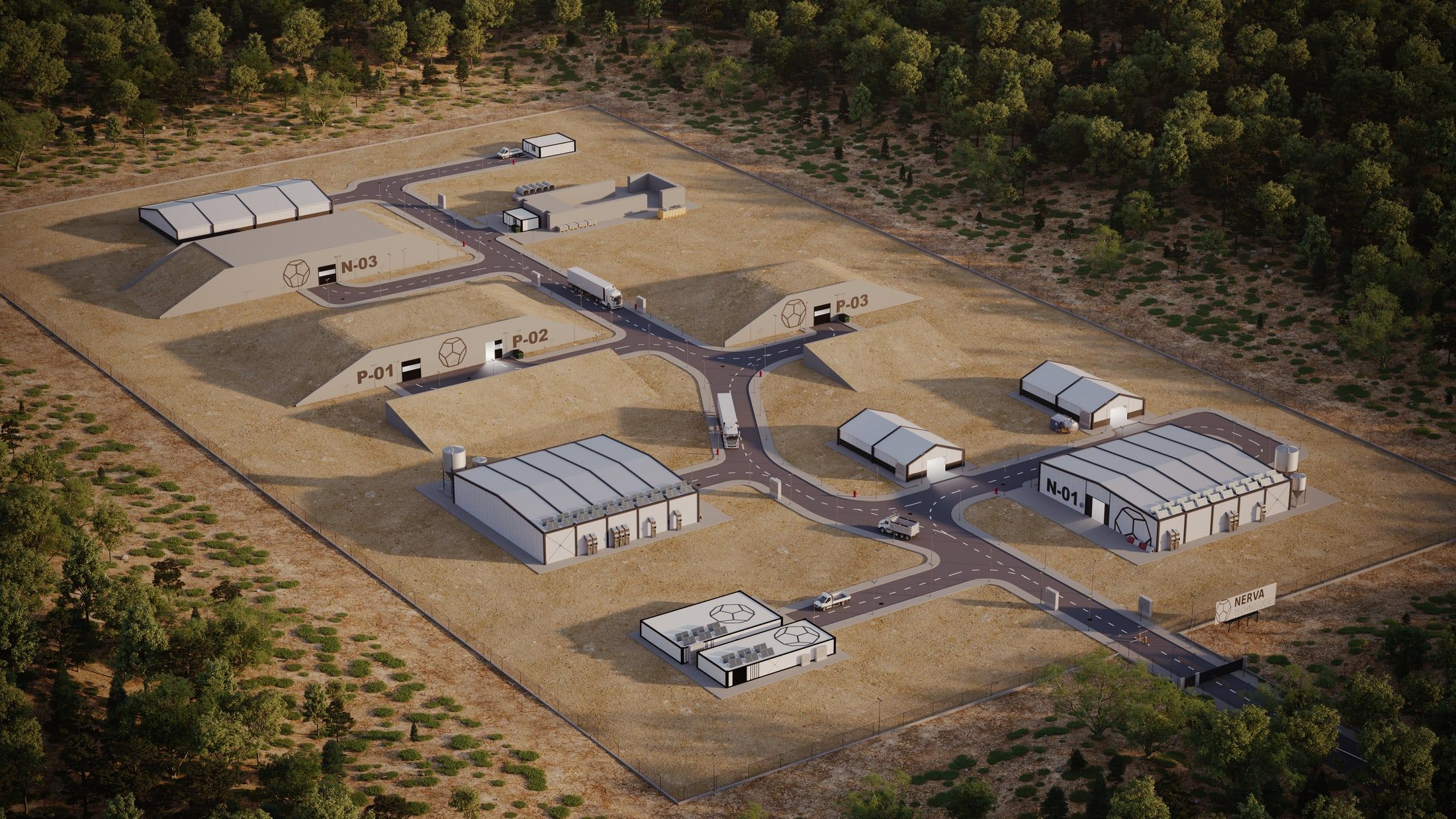 Render aéreo diurno del complejo industrial Bastión-1 con sus naves y viales.